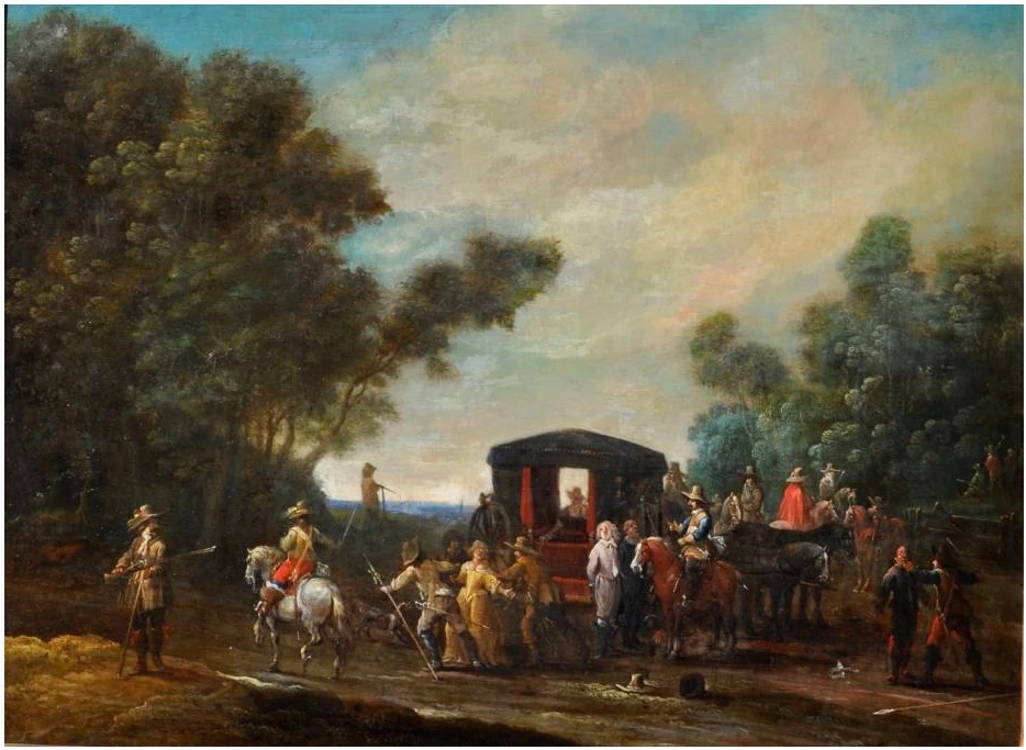 Soldati che attaccano una carrozza con i viaggiatori